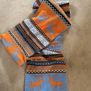 Winter shawl Orange and Blue Reindeer Knit Scarf. 70” length